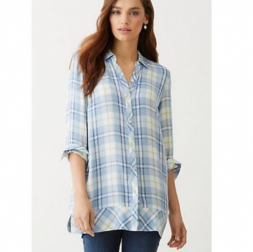 J.Jill Plaid Button-Up Shirt Tunic in Blue & White Yarn-dyed Rayon sz Medium NWT